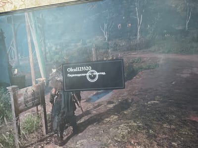The image shows a screen displaying a video game scene. In the foreground, a character dressed in dark, medieval-style armor stands near a wooden sign with a black-and-white symbol. To the right of the character, a dark rectangular box with white text is displayed. The text reads "Olea1123320" followed by Russian text that translates to "Reconnect the gamepad." The background depicts a blurred outdoor environment with trees and structures, suggesting a forested or village setting. The overall lighting is dim and atmospheric. No specific location in the city of Lipcani, Moldova, can be identified from this image.