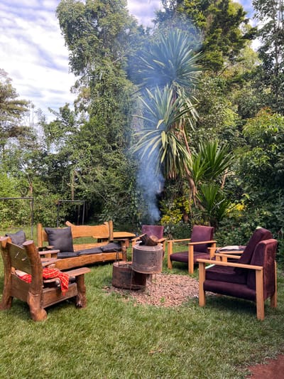 An outdoor leisure area is depicted in a lush, green environment in Mururiini, Kenya, featuring a lit fire pit and various seating options. The image, when oriented upright, shows a fire pit, appearing to be crafted from a repurposed washing machine drum, with smoke rising from it. Surrounding the fire pit are different types of seating arranged in a semi-circle on a mix of green grass and a small gravel patch.
To the left of the fire pit are rustic wooden benches or chairs, some with black cushions and one adorned with a red and white patterned blanket or shawl. To the right, several chairs with wooden frames and dark purple or maroon upholstered cushions are positioned. The background is dominated by dense, vibrant green foliage, including tall trees and large plants with spiky, palm-like leaves (resembling Dracaena or Yucca), which are partially enveloped in the rising smoke. The sky, visible above the trees, is bright and appears partly cloudy, indicating daytime. There are no people visible in the scene, and no discernible text. The overall setup suggests a cozy and inviting gathering spot for relaxation or warmth.