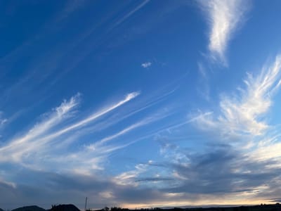 A wide-angle, eye-level, outdoor shot shows a vibrant blue sky with wispy, white cirrus clouds stretching across it. The clouds are elongated and appear to be blown by the wind into streaks and feathery patterns. Near the horizon, the sky transitions to a softer blue, with some darker, lower-lying clouds present. The lower edge of the image reveals a dark silhouette of a landscape, featuring rolling hills, scattered trees, and a communication tower, suggesting an evening or twilight setting. The scene is peaceful and expansive, with no people or specific actions depicted. This view is representative of the skies above Manhush, Ukraine.