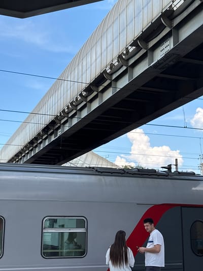 The image captures a scene at the Bologoe, Russia train station. A light gray train car with a red stripe along its side is visible in the foreground. Two individuals are standing on the platform next to the train. A woman with long, dark hair is facing away from the camera, and a man wearing a white t-shirt and dark pants is facing the woman, holding a smartphone. In the background, a large, arched pedestrian bridge made of metal and translucent panels stretches across the frame. The sky above is blue with scattered white clouds. Overhead power lines are present.