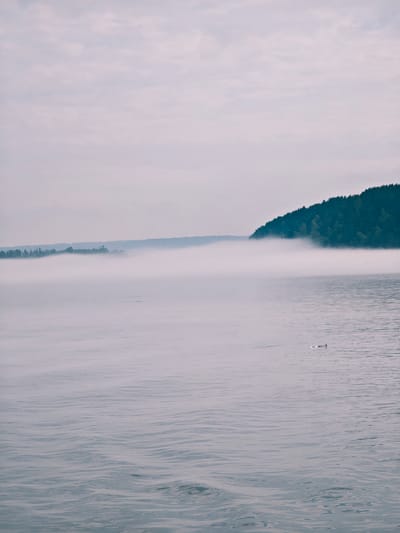 The image depicts a calm body of water with a shoreline lined with dense green trees. A layer of white mist hovers low over the water, obscuring the base of the trees on the distant shore. The sky above is overcast with a pale, muted light. The water's surface shows gentle ripples. In the middle ground of the water, there are a few small objects. The scene appears to be a natural landscape with a serene, slightly hazy atmosphere.