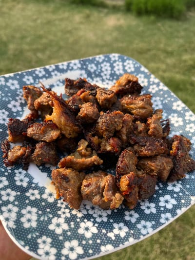 A close-up, eye-level shot shows a plate of cooked meat pieces, likely beef or lamb, seasoned and browned, piled on a blue and white floral patterned plate. The plate is held by a hand, partially visible at the bottom left. The background is a blurred green grassy area, suggesting an outdoor setting. The lighting indicates it is daytime, possibly late afternoon given the warm tones. The scene does not provide any information or context related to Kabal, Pakistan, or any urban environment.
