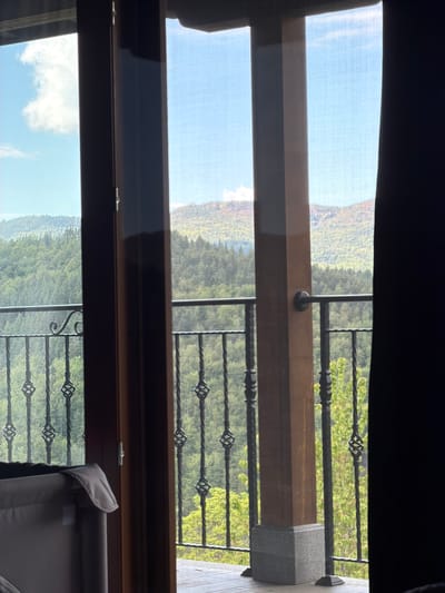 The image presents a view from inside a building, looking out through a window with a balcony. The balcony has a decorative wrought-iron railing. The foreground includes elements of the window frame and a partially visible roller blind. Outside, there is a forested area, likely a mountainous or hilly region, as it has a hilly topography. The presence of trees suggests a natural environment, and there are no visible indications of urban development. The light conditions appear to be either daytime or early evening, suggesting that there is likely sunlight. The location given, Кирково, Bulgaria, is in a mountainous region, and the photograph is consistent with a setting that is set in or near a natural setting.