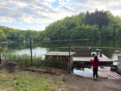 A photograph depicts a child standing near a fence, looking out over a lake. The lake is surrounded by trees, and there is a wooden platform or dock visible. The child is wearing a red sweater, dark pants, and light-colored shoes. The fence separates the child from the lake and the platform. The location is Sovata, Romania.