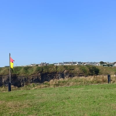 A red and yellow flag on a wooden pole flies on a grassy cliff edge overlooking a coastline. Houses are visible in the distance, situated on top of the cliff. The sky is clear and blue. The scene is a depiction of the coastline near Ballybunnion, Ireland.