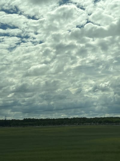 The image captures a landscape scene with a wide expanse of green grass in the foreground, transitioning to a dark line of trees and foliage in the midground. Above the treeline, several parallel power lines stretch horizontally across the frame. The sky is filled with a dense layer of white and grey clouds, with patches of blue sky visible through the gaps. In the far distance, on the left side of the image, a tall industrial chimney is visible. The overall impression is of a rural or semi-industrial area on a cloudy day. The image appears to have been taken from a moving vehicle due to the slightly blurred quality of the clouds.