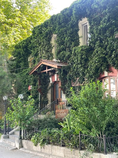 The image depicts a charming building facade heavily overgrown with lush green ivy. A wooden porch with a rustic roof extends over a staircase leading up to the entrance. Decorative glass orbs hang from thin wires, adding a whimsical touch. A black wrought-iron fence runs along the side of the property, separating it from a concrete sidewalk or road.
A wooden sign hangs on the building, partially obscured by the greenery, displaying text in a cursive font. Another smaller sign is visible below it, also with text. The overall scene evokes a sense of a serene, possibly tranquil, outdoor setting, likely during the daytime given the natural light illuminating the foliage. The abundance of ivy suggests a well-established property, possibly a cafe, restaurant, or residential building, where nature is integrated with the architecture. The location context points to Ukraine, specifically the Livadiyskyi village council, hinting at a potentially European-style ambiance.