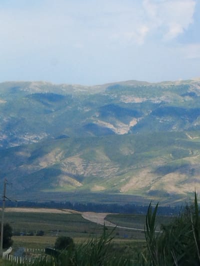 The image depicts a broad, scenic landscape of rolling mountains under a partly cloudy sky. The mountains are covered in a patchwork of green vegetation and lighter, possibly barren, patches, with deep shadows suggesting varying terrain and lighting. In the foreground, a power pole stands to the left, connected to wires that disappear out of frame. Below the mountains, a wide, flat valley stretches out, featuring agricultural fields and what appears to be a road winding through them. The very bottom of the image shows the tops of tall green grasses, suggesting the viewpoint is from a slightly elevated position, possibly overlooking the valley. There are no people or animals visible in the scene. The location is identified as Ак-Дөбө, Kyrgyzstan.