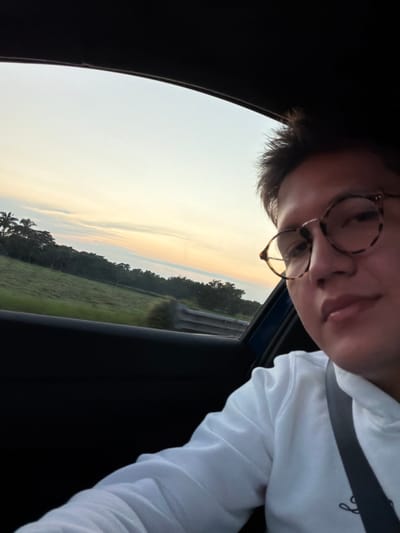 A person wearing round glasses and a white sweatshirt is sitting in a car. A seatbelt is visible. Outside the car window is a field of green with a line of trees in the distance. The sky is light with a slight orange hue, suggesting either sunrise or sunset. The photo is taken from inside the vehicle, angled towards the person and the passing landscape.