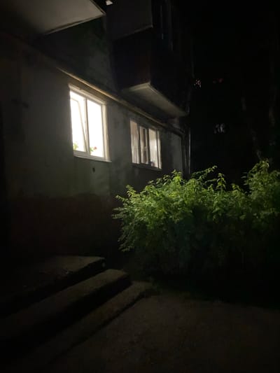 The image depicts a dimly lit scene at night in front of a building in Beloretsk, Russia. A concrete staircase leads up to a darkened doorway. To the right of the stairs, a dense cluster of green bushes fills the foreground. The building itself has a rough, textured facade. Two windows are visible; the left window is open and brightly illuminated from within, revealing a faint glimpse of a red flower on the windowsill. The right window is also lit, though less intensely. The upper part of the building, possibly an upper floor or balcony, is dark and indistinct. The overall atmosphere is one of quiet, nocturnal stillness.