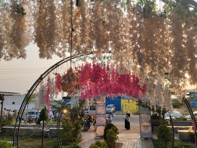 The image captures an outdoor scene in Kondamaripalle, India, featuring an arched entrance structure lavishly decorated with white and pink hanging floral arrangements, resembling wisteria. The structure frames a view of a street scene with vehicles, including cars and motorbikes, parked along the roadside.

A woman dressed in a black abaya with a white headscarf stands on a paved walkway, appearing to look out towards the street. A food advertisement stand is next to her. The surroundings include greenery such as bushes and grass.

The scene is illuminated by natural light, suggesting either sunrise or sunset, with a warm hue cast across the sky. The overall impression is of a festive or decorative setting, possibly marking the entrance to a restaurant or event space.