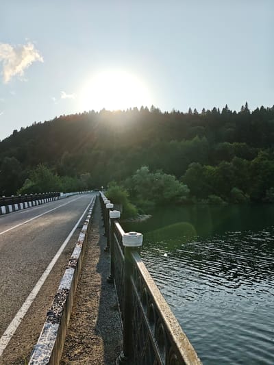 An asphalt road with white dividing lines curves across a bridge, bordered by a black and white striped barrier on the left and a dark metal fence on the right. The bridge spans over a dark, rippling body of water. Beyond the water, a densely forested hillside rises, topped by a line of evergreen trees. The sun, partially obscured by the trees, shines brightly, casting long shadows and creating a lens flare effect in the sky. The sky is clear with a few wispy clouds. The scene is set during daylight, likely late afternoon or early evening, given the angle of the sun. This image was captured from the bridge within the city of Kharistvala, Georgia.
