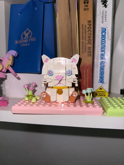 The image shows a shelf with books and Lego figures in what appears to be a domestic setting. The Lego figures include a white cat with pink ears and blue eyes, sitting on a pink Lego baseplate adorned with small pink and blue flowers. To the left of the cat, a pink Lego figure with purple accents is partially visible. Behind the Lego figures, several books are stacked. One book has the title "ПСИХОЛОГИЯ ВЛИЯНИЯ" (Psychology of Influence) printed in blue. Another book is brown with text in Russian, including "ЯРОСТНОЕ НЛП" (Aggressive NLP) and "НЕЗАМЕТНЫЕ ТЕХНИКИ РАЗРУШЕНИЯ ЛИЧНОСТИ" (Subtle Techniques of Personality Destruction). A blue gift bag with a logo and text in Russian, "ЗОЛОТАЯ РУСЬ" (Golden Rus'), is also visible on the shelf. The shelf is white and appears to be part of a larger piece of furniture. There is no specific indication of the city of Подъяпольское, Russia, within the image itself.