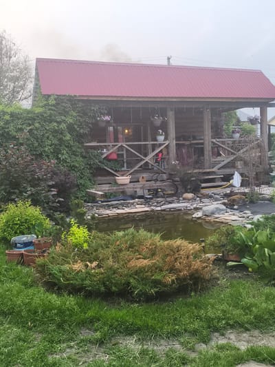 The image shows a rustic wooden house with a red roof, a porch, and a garden. The house appears to be a log cabin, with visible logs and a wooden railing on the porch. There are hanging flower baskets on the porch and greenery surrounding the house. In front of the house, there is a pond with stones and aquatic plants. Several potted plants and bushes are also visible in the garden. The sky is overcast, and there is a faint haze or smoke in the upper left portion of the image. The scene is likely a residential property, possibly in a rural or suburban setting.