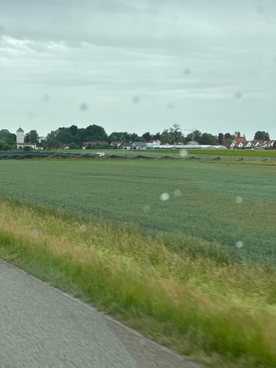 The image depicts a rural landscape in Künersberg, Germany, under an overcast sky. In the foreground, a grey, asphalt road runs diagonally from the bottom left corner towards the center. Adjacent to the road is a strip of tall, green and golden grass, exhibiting motion blur, suggesting the photo was taken from a moving vehicle.

Beyond the grassy area, a vast, green agricultural field stretches across the midground, appearing to be a crop of young plants. A thin wire fence runs horizontally across this field. In the background, a line of buildings is visible, including residential houses with red and white roofs, and several greenhouses. To the left of the buildings stands a tall, white water tower with a dark roof. A construction crane is also visible behind the trees and houses, indicating ongoing development. The overall scene is serene, with no people or animals present. The image appears to be taken during the daytime, but the cloudy weather creates a subdued lighting condition.