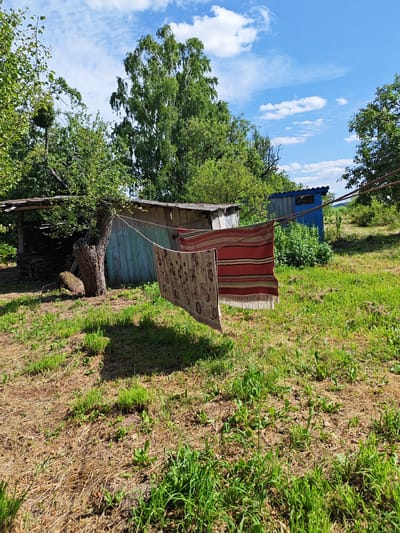 This is a medium shot of two rugs hanging on a clothesline in a rural backyard, likely in the village of Lenin in Belarus. The rugs are brightly colored, one red with white and black stripes and the other with a floral pattern. They are drying in the sun, with shadows cast on the dry, grassy ground. Behind the rugs, a rustic wooden shed is visible, with a blue outhouse to its right. Trees and foliage surround the area, suggesting a warm, summer day. The sky is a clear blue with scattered white clouds.