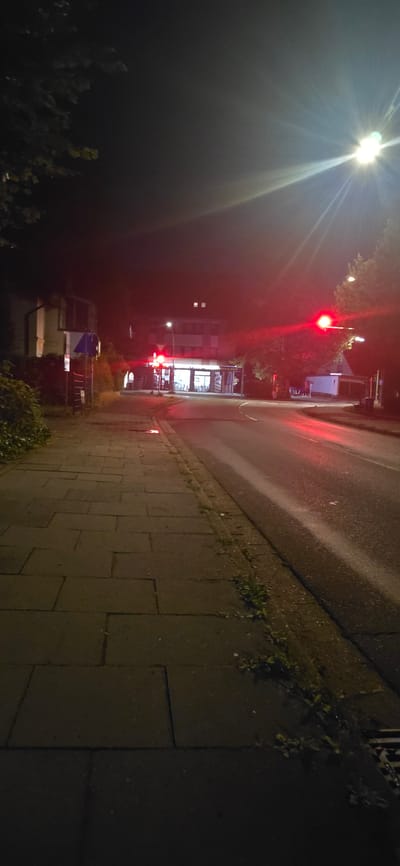 The image shows a street scene at night in Seevetal, Germany. A sidewalk made of gray paving stones runs along the left side of the image. Across the street, there is a building with illuminated windows. A red traffic light is visible. The road is wet, reflecting the red light from the traffic signal and other sources of light. There are trees and other vegetation visible along the roadside and sidewalk. A street light is also present, emitting a bright white light with visible rays. The overall impression is of a quiet, somewhat deserted street at night, with the red traffic light creating a prominent visual element.