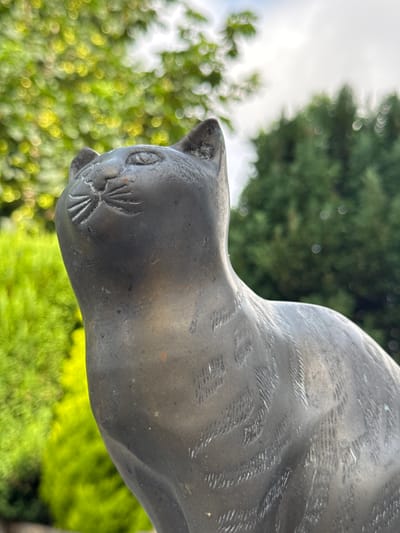 A close-up, low-angle shot features the head and body of a dark, metallic cat statue. The statue has a textured surface with engraved lines suggesting fur. The cat's face is visible on the left side of the frame, with etched eyes and whiskers. The statue appears to be outdoors, with a blurred background of lush green foliage and bright, hazy sunlight, creating bokeh effects. The greenery suggests a garden or park setting. The lighting indicates it is daytime, likely a sunny day. The specific location is Oldham, United Kingdom. There is no visible text in the image.