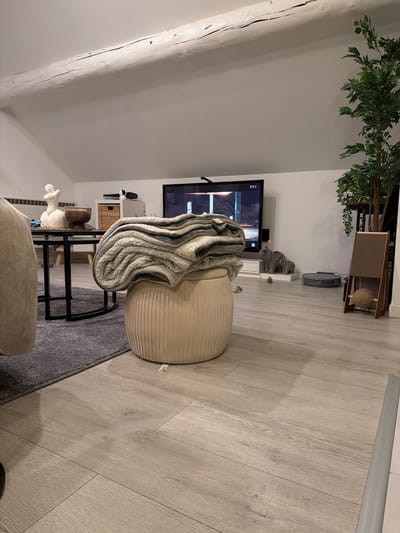 The image depicts an interior space, possibly a living room, within a building. The location is vaguely suggested to be Villerupt, France.

**Environment:** The interior is characterized by light-colored wood flooring, a white wall, and an exposed structural beam.

**Objects:**
*   A television is mounted on the wall, displaying content.
*   A beanbag-style chair is present, draped with a light-colored blanket.
*   A small side table holding decorative items is visible.
*   A cat tree is in the background.

**People/Subjects/Interactions/Actions:**
*   There are no people directly depicted in the scene. The presence of furniture and decorative items suggests that this is a living space.

The details of the image suggest a residential setting with a modern and casual interior design.