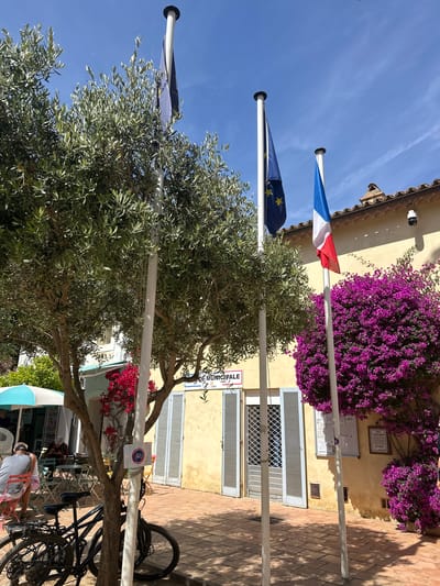 The image depicts an outdoor scene with several flags flying from poles in front of a building. The flags are the French tricolor and the flag of the European Union. Behind the flags, a building with a yellow facade is visible, adorned with vibrant purple bougainvillea. The building has light blue shutters and a tiled roof. Adjacent to the building, an olive tree with dense foliage stands prominently. In the foreground, a bicycle is parked next to a pole that displays a circular sign with a bicycle symbol. Further in the background, part of an outdoor seating area with tables and chairs can be seen, along with patrons. The sky is a clear, bright blue, suggesting a sunny day, likely in the morning or afternoon due to the shadows cast. The overall atmosphere appears relaxed and pleasant, typical of a Mediterranean setting. A sign on the building reads "MUNICIPALE". The scene suggests a public space, possibly a town hall or municipal building, in Hyères, France.