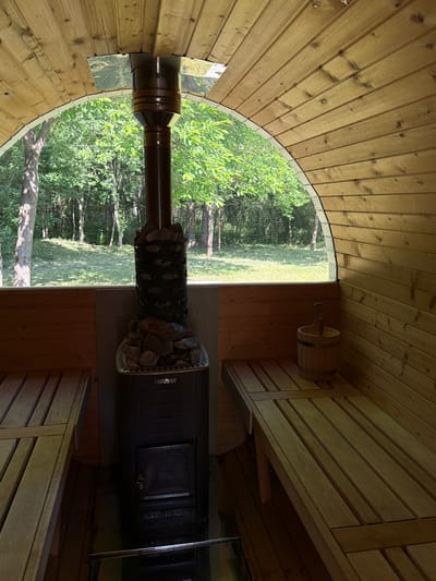 The image shows the interior of a wooden sauna. A dark metal sauna stove, branded "Harvia", stands in the center, topped with a pile of stones. To the left and right are wooden benches for seating. To the right, on the bench, is a wooden bucket with a ladle. The sauna has a curved wooden ceiling and walls, and a large arched window in the background looks out onto a forest of trees and green grass. The location is identified as Алешкино Дп, Russia. There are no people present in the image.