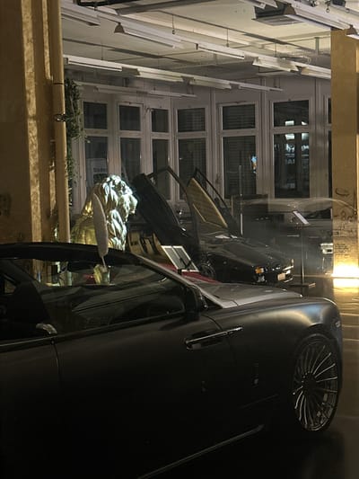 The image depicts a nighttime urban scene in Wetzikon (ZH), Switzerland. A dark-colored luxury car dominates the foreground, with its door ajar. Inside the car, a golden lion sculpture is visible. The background features a building facade with multiple windows. A street lamp illuminates the scene. A small sign is visible in a window, partially obscured. A curb with vegetation is in the lower left.