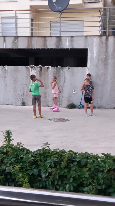 Four children are standing on a concrete surface in front of a textured gray wall. The building above the wall has a balcony with metal railings and horizontal blinds. In the foreground, lush green bushes partially obscure the bottom of the image.
From left to right:
A boy wearing a green t-shirt with a Minecraft logo, gray shorts, and yellow sandals stands with a red object to his mouth, appearing to drink from it.
A girl in a pink sleeveless top and shorts, wearing pink rollerblades, stands facing the boy.
A boy with dark hair, wearing a gray t-shirt and dark shorts, leans against the wall.
Another boy, facing forward with his left hand on his hip and his right hand behind his back, wears a black t-shirt with a white pattern and black shorts, with blue rollerblades on his feet. A blue scooter is positioned behind him.
The scene appears to be an outdoor recreational area or courtyard, possibly in a residential complex.