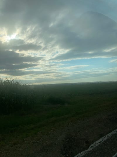 The image shows a vast, open landscape under a dramatic sky. In the foreground, on the left, is a dense field of tall green crops, likely corn, with their stalks and leaves clearly visible. To the right of the crop field is a rough, gravelly surface that appears to be a road or path, with a concrete barrier at the bottom edge of the frame. Beyond the crop field, the land stretches out into a dark green expanse, suggesting more agricultural land or open fields. The horizon is low and indistinct, with a hazy line where the land meets the sky.

The sky is a dominant feature of the image, filled with a mix of heavy, gray clouds and patches of bright blue sky. Sunlight breaks through in the upper left, creating a luminous effect behind the clouds. The overall lighting suggests either early morning or late afternoon. There is a faint, dark, mountain-like shape visible in the upper right portion of the sky, partially obscured by clouds.

There are no people, animals, or specific man-made structures readily identifiable in the landscape. The scene depicts a rural, agricultural environment. The specific location in the city of Khodz', Russia, cannot be determined from the visual information provided in the image itself.