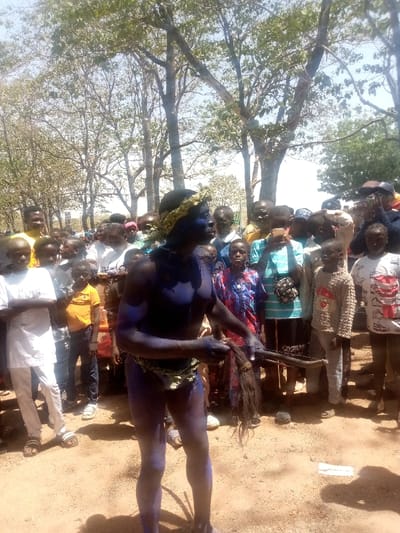 The image captures an outdoor scene in Kagoma, Nigeria, under bright daylight. A central adult male figure stands on bare earth, his entire visible skin painted a dark blue color. He wears a light-colored, possibly green or yellow, leaf-like loincloth and a green leafy wreath on his head. In his right hand, he holds an object consisting of a dark, fibrous, tail-like material attached to a stick handle, resembling a whisk or fly-swatter. He faces towards the right, looking slightly upwards.
Surrounding the central figure is a crowd of approximately 20-30 individuals, primarily children and young adults, observing the scene. They are dressed in various casual clothing, including shirts of white, yellow, and patterned designs, and some are holding mobile phones, appearing to record or photograph the event. The ground is light brown dirt, with shadows cast by the people and objects. In the background, multiple tall trees with green foliage are visible against a bright sky, indicating an outdoor, natural environment.