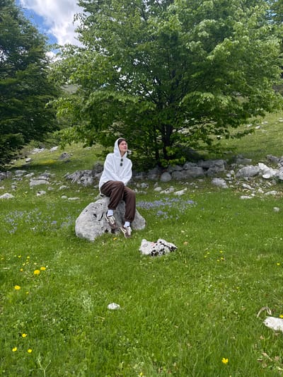 A person is sitting on a rock in a grassy field in Brskut, Montenegro. The person is wearing a white hoodie and brown pants. There are trees and rocks surrounding the field, with yellow and blue wildflowers scattered around. The weather appears sunny with some clouds in the sky.