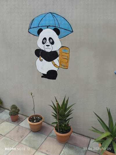A mural of a cartoon panda holding a blue umbrella and a yellow backpack is painted on a light gray, textured wall. The panda is depicted in black and white with large black eye patches and black ears. Below the mural, several potted plants are visible on a patio paved with square tiles of varying colors, including pink, gray, and beige. To the left, a small cactus is in a terracotta pot. In the center, a slender plant with a few leaves grows from a terracotta pot filled with pebbles and soil. To the right, two larger succulent-like plants in terracotta pots are present. The bottom left corner of the image displays the text "REDMI NOTE 12", and the bottom right corner shows the date and time "30.06.2026 10:05". The scene is likely an outdoor area in a residential or public space in Khachmaz, Azerbaijan, given the presence of the wall mural and potted plants.