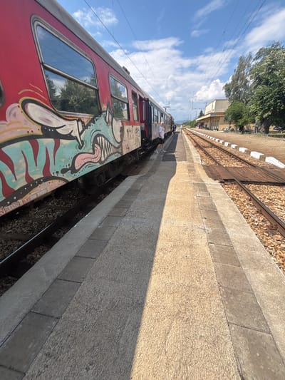 The image depicts a train stopped at a station platform in Tulovo, Bulgaria. A red train car, decorated with graffiti of a cartoonish monster with sharp teeth and blue and pink accents, is positioned on the left side of the frame. A person, a child, wearing a white t-shirt and dark shorts, stands on the concrete platform near the train, facing away from the camera and towards the train tracks. In the background, a train station building with a light-colored facade and arched windows is visible. The platform is made of concrete, with distinct sections of lighter and darker concrete, and bordered by train tracks on the right. Overhead, power lines for the electric train are visible against a bright blue sky with scattered white clouds. Trees with dense green foliage are present to the right of the station building. The overall scene suggests a sunny day at a relatively quiet train station.