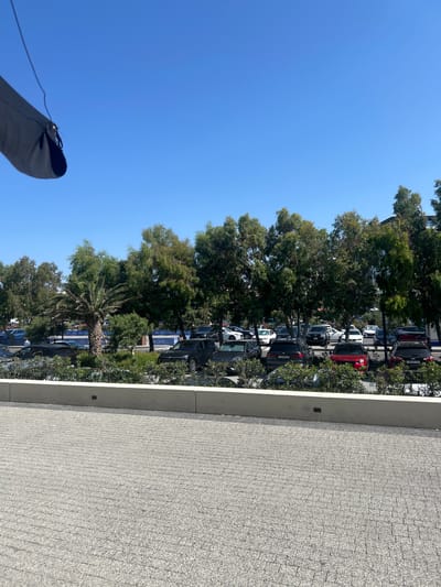 The image captures a parking lot filled with cars, bordered by lush green trees and a clear blue sky. The scene appears to be set in a residential or commercial area, possibly a neighborhood or an office complex, given the presence of numerous vehicles parked in an organized manner. A pathway or sidewalk made of textured grey material runs along the right side of the frame, suggesting a well-maintained urban or suburban environment. The foliage from the trees partially obscures some of the cars, creating a dappled effect of light and shadow. Among the vehicles, a few are more distinctly visible, including a red car and several dark-colored sedans. The time of day appears to be during daylight hours, likely late morning or afternoon, with bright sunlight casting shadows and illuminating the scene. The weather seems to be pleasant, with a clear sky indicating good conditions. There is no visible text in the image.