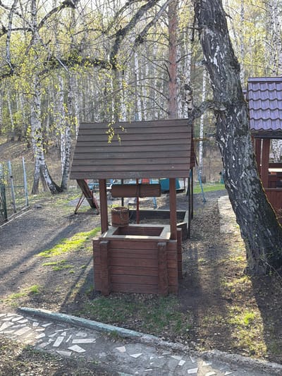 The image shows a wooden well structure with a roof in a wooded area near Taskino, Russia. The well is made of dark brown wood and has a bucket hanging inside. A birch tree trunk is visible behind the well, and birch trees with new green leaves line the background. The ground is covered with dirt, grass, and some scattered leaves. A concrete path or border with inlaid mosaic-like pieces runs along the right side of the image. In the background there is a building with a roof. A partially visible wire fence is present near the trees on the left.