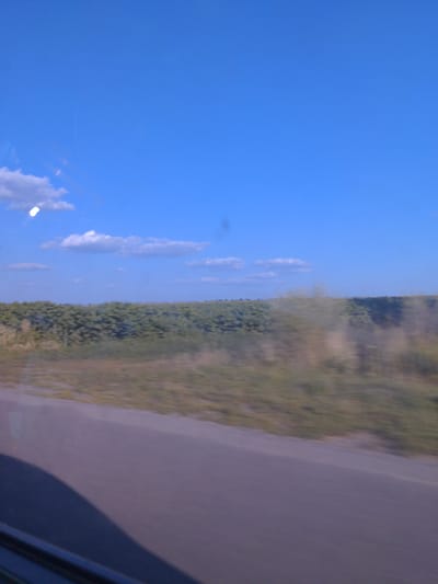 The image is a blurred, wide-angle photograph taken from a moving vehicle, likely a car, looking out of a window. The scene depicts a rural landscape under a bright blue sky with scattered white clouds. In the distance, a long, dense line of green vegetation, possibly a field of crops or trees, stretches across the horizon. The foreground shows a portion of a paved road, also blurred due to motion, with a dark shadow cast on its left side, which appears to be from the vehicle itself. The overall impression is that of a journey through the Ukrainian countryside, with the motion blur indicating a high speed. There are no people or specific buildings visible, only natural elements and the infrastructure of a roadway. The location is identified as Male Ladyzhyne, Ukraine.