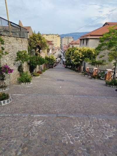 This media file captures a downward view of a steep, cobbled street in Agropoli, Italy. The street is lined with trees and buildings, suggesting an urban or town setting. The paving stones are a mix of dark and light brown, creating a textured surface. 

On the left side of the street, a stone wall with a metal railing runs along the upper portion, with decorative planters and trees at its base. On the right, a black metal fence with brick posts separates the street from more greenery and buildings. Benches are visible along the fence, suggesting a place for rest or observation. 

Further down the street, a line of white decorative arches suggests a festive atmosphere, possibly indicating a celebration or event. A few people are walking along the street, appearing small in the distance due to the perspective. 

The buildings are a mix of architectural styles, with some featuring terracotta tiled roofs and others with lighter colored facades. In the background, more buildings are visible, leading up to hills or mountains in the distance. The sky is partly cloudy, and the lighting suggests it is daytime, likely late afternoon given the shadows. The overall impression is a charming, somewhat historic Italian street, potentially prepared for an event. No visible text is present in the image.