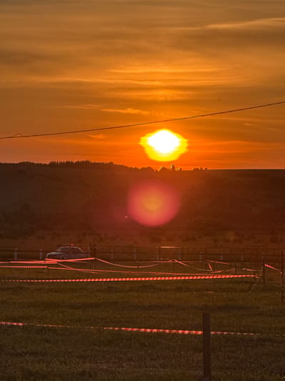 The image captures a sunset over a rural landscape, likely in Kalinino, Russia, characterized by a dramatic orange sky filled with wispy clouds. The sun, a bright orb, is positioned near the horizon, casting a warm glow over the scene. In the foreground, a grassy field is demarcated by red and white striped tape, suggesting a boundary or a controlled area. A dark fence runs horizontally across the middle ground. A police car with its lights on is visible behind the fence, accompanied by at least two figures. The background consists of a gentle slope covered in trees, adding depth to the pastoral setting. The overall impression is one of a serene, natural environment punctuated by signs of human activity.