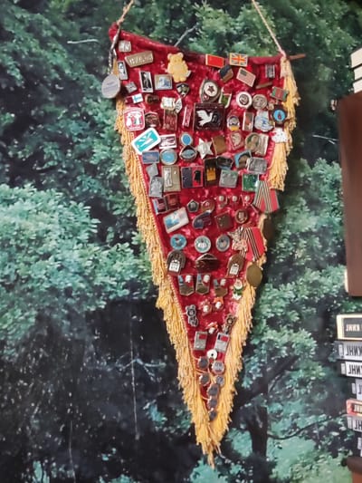 A close-up, slightly low-angle shot captures a triangular red fabric banner adorned with numerous lapel pins and medals. The banner, with its fringed yellow edges, is suspended by a thin rope against a backdrop of a green, leafy forest mural. The pins, varying in shape, size, and color, depict a range of imagery, including national flags (e.g., USSR, USA, UK), animals, portraits, and various emblems. Some pins appear to be metallic, while others are enameled. Several red and green striped ribbons with oval medals are also attached to the banner. The overall impression is of a collection of memorabilia. The image does not contain any contextual information to determine its location within the city of Трестна, Russia, or the presence of any individuals.