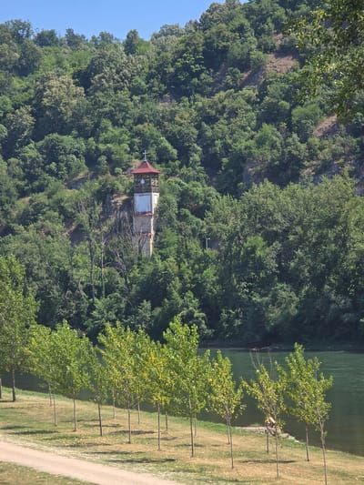 The image depicts a tall, narrow tower with a red, conical roof and a white body, topped with a cross, situated on a densely forested hillside. In the foreground, a row of young trees with light green leaves lines a grassy area adjacent to a wide, calm river. A dirt path runs through the grassy area, curving towards the river. The tower, recognized as the bell tower of the Holy Transfiguration Church in Zvornik, Bosnia and Herzegovina, is prominently positioned against the backdrop of lush vegetation covering the steep incline of the hill. The sky above is clear and blue.