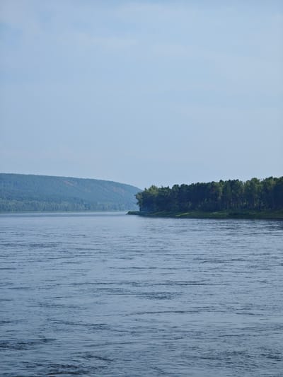 The image depicts a wide, calm river with a gentle current flowing from left to right. The water is a deep blue-gray, reflecting the overcast sky. On the far bank, a dense, dark green forest covers rolling hills. The trees are tall and tightly packed, creating a solid line of foliage that stretches across the horizon. The sky above is a pale blue, with a few wispy clouds. The scene is tranquil and natural, with no signs of human activity or structures visible in the immediate vicinity, suggesting a remote or undeveloped area. The location is identified as the city of Beregovaya-Podemnaya, Russia.