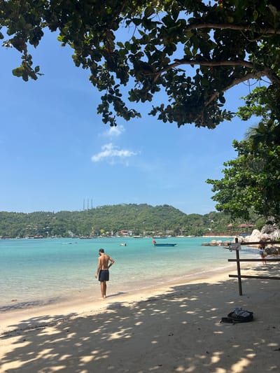 A beach scene under a clear blue sky. Lush green foliage frames the top and left sides. Turquoise water meets a sandy shore where a man in dark shorts stands near the water's edge. Further down the beach, a simple wooden structure casts shadows on the sand. In the distance, a green hillside with buildings along the coast adds depth. Several boats are visible in the calm water.