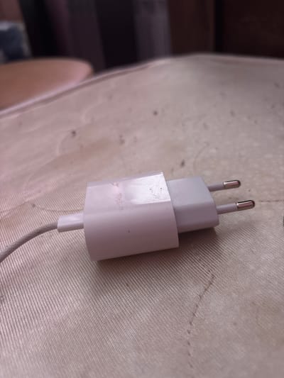 The image shows a white European-style electrical plug and adapter lying on a textured, light-colored fabric. The plug has two round metal prongs extending from a white plastic casing. A white cable connects to the adapter, which is also white. The fabric appears to be a textile with a ribbed texture, possibly a tablecloth or clothing. There are some dark specks on the fabric, which could be dust or dirt. In the background, out of focus, there are dark, indistinct shapes that might be furniture or other objects. The lighting suggests it is daytime, but the overall setting is not clearly defined beyond the immediate focus on the electrical adapter. No people are visible, and no specific activity is taking place. There is no visible text in the image. The location context provided is "Плешчыцкі сельскі Савет, Belarus."