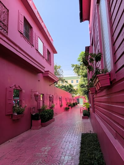 The media file depicts an exterior view of a brightly painted pink building and walkway, likely in Puerto Plata, Dominican Republic. The scene is bathed in daylight, suggesting a sunny day. The architectural style features ornate window frames and decorative elements on the building's facade. Along the walkway, there are planters with greenery and small pink chairs, indicating a commercial or hospitality setting such as a cafe or hotel. The walkway itself is paved with pink tiles. The perspective is low and angled, emphasizing the vibrant colors and the verticality of the buildings. There is no visible activity or people in the scene, giving it a quiet and perhaps serene atmosphere. The image is rotated 90 degrees counterclockwise. No text is discernible in the image.