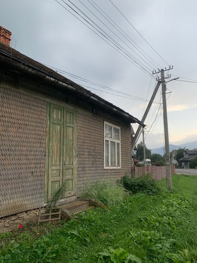 The image displays the side facade of a single-story building in Lazeshchyna, Ukraine, viewed under an overcast sky. The building's exterior is covered in small, dark, overlapping wooden shingles. A dark, mossy roof features a visible gutter system along its edge, and a brick chimney is present on the left side of the roofline. Below the roof, a set of faded, peeling green double wooden doors is centrally located on the visible wall, with two concrete steps leading up to them. To the right of the doors, a white-framed window with multiple panes is visible. The immediate foreground and areas directly surrounding the building are covered in dense, overgrown green grass and various weeds. A single red flower is visible near the base of the wall on the left, and a small, light-colored wooden crate rests near the door's steps.

In the mid-ground, to the right of the building, a tall, grey concrete utility pole with several cross-arms and numerous power lines extends upwards and diagonally across the frame. A smaller wooden utility pole is visible behind it. Beyond the utility pole, a low, weathered red wooden fence runs horizontally. A paved road is visible behind this fence, and a white tanker truck is parked or driving on it. In the background, additional residential structures are visible, and distant green mountains or hills rise under the grey sky. No individuals are present in the scene, and no specific actions or interactions are depicted.