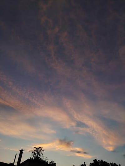 The image captures a sunset sky with wispy, elongated clouds tinted with shades of pink and orange, set against a deep blue and purple backdrop. The lower portion of the image shows the silhouetted rooftops of buildings, a chimney, and the dark shapes of trees against the fading light. The scene appears to be a residential area at dusk. The colors of the sky suggest a clear evening with the sun just below the horizon, casting a warm glow on the clouds. There is no visible text in the image. The overall mood is serene and contemplative, characteristic of a peaceful twilight.