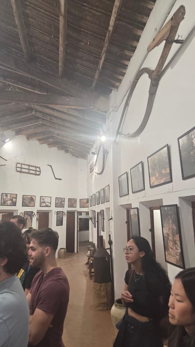 The image captures an interior scene, possibly a museum or historical building, located in Altura, Spain. A group of people are gathered, seemingly observing exhibits. The room's architecture features a visible wooden ceiling structure and white walls adorned with framed pictures and mounted artifacts. The foreground shows several individuals, their attention directed towards unseen displays or explanations. Their postures suggest engagement and observation. The background reveals further interior space with additional exhibits and artifacts. Overall, the setting evokes a sense of historical or cultural exploration.