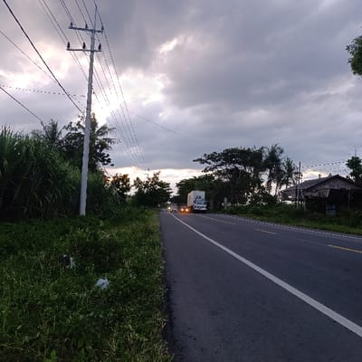 The image shows a paved road with a white line down the center, located in Kecamatan Jangkar, Indonesia (latitude: -7.749, longitude: 114.181). The road is flanked by dense vegetation on the left, and trees and a small, simple wooden structure on the right. A white semi-truck is driving down the road, and there is a smaller vehicle in the distance behind it. There are power lines running overhead, supported by a single pole. The sky is cloudy and gray, with some sunlight breaking through the clouds.