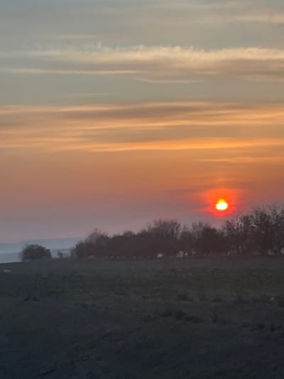 The image depicts an outdoor landscape scene at either sunrise or sunset, ostensibly located in or near the city of Slaný, Czechia. The sky occupies the upper two-thirds of the frame, displaying horizontal cloud formations with a color gradient transitioning from light blue-grey at the top to vibrant orange and red tones towards the horizon. A prominent, intensely red-orange sun disc is visible low on the horizon in the right mid-section, appearing somewhat diffused. Below the sun, a dark, silhouetted treeline, composed of bare deciduous trees, extends horizontally across the midground. To the far left in the midground, two indistinct, upright, dark figures are discernible near the horizon, separate from the primary treeline. The lower third of the image consists of a shadowed, indistinct field or grassy expanse. A faint, light grey haze is present on the distant left horizon. No identifiable man-made structures are visible.