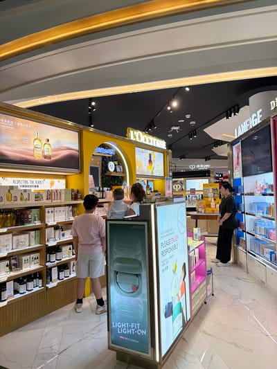 The image displays the interior of a brightly lit beauty and cosmetics retail store, likely a duty-free shop, given the prominent "TRAVEL EXCLUSIVE" sign. The store features a modern design with light-colored, reflective flooring and a mix of dark and golden ceiling accents.
Several individuals are present, engrossed in browsing the merchandise. In the mid-ground, a woman with dark hair, dressed in a black top and pants, is seen leaning over a display, examining products. Closer to the foreground, a person in a pink shirt and white shorts stands in front of a large, illuminated product display, while another individual is partially visible behind them.
The store is filled with various display units showcasing numerous beauty products. Several prominent brands are advertised on illuminated signs. "LANEIGE" is clearly visible on a large vertical display promoting "LIGHT-FIT LIGHT-ON NEW NEO CUSHION." Another section features "L'OCCITANE," with text in English and Chinese, including "RESPECTING THE PLANET," "对美丽地球的尊重," "养双重奏 八维淡纹紧致," and "almond kissed-glow." The brand "cle de peau BEAUTE" is also identifiable. Additional visible text includes "ACTIVE INGREDIENTS PROVEN PERFORMANCE," "PLEASE ENJOY RESPONSIBLY," and other Chinese characters related to product benefits. The setting suggests a lively shopping experience in ตำบล ไม้ขาว, Thailand.