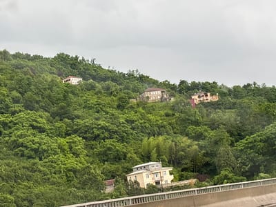 The image depicts a hillside densely covered with lush green trees. Several houses are visible scattered across the slope. In the foreground, a concrete barrier with vertical railings runs horizontally across the bottom of the frame, suggesting the viewpoint is from an elevated position, possibly a road or bridge.
Specifically, one house is a light yellow, multi-story structure with a white roof and multiple balconies and windows. Another house, further up the hill and to the left, is smaller and appears to be white with a red roof. In the upper right portion of the image, a reddish-brown, rectangular building with a pitched roof is partially visible amidst the trees. The sky is overcast and a muted gray. The overall impression is of a residential area nestled within a verdant, hilly landscape. The image is consistent with a view from the coastal road overlooking Makhvilauri, Georgia, a resort town known for its natural beauty and proximity to the Black Sea.
